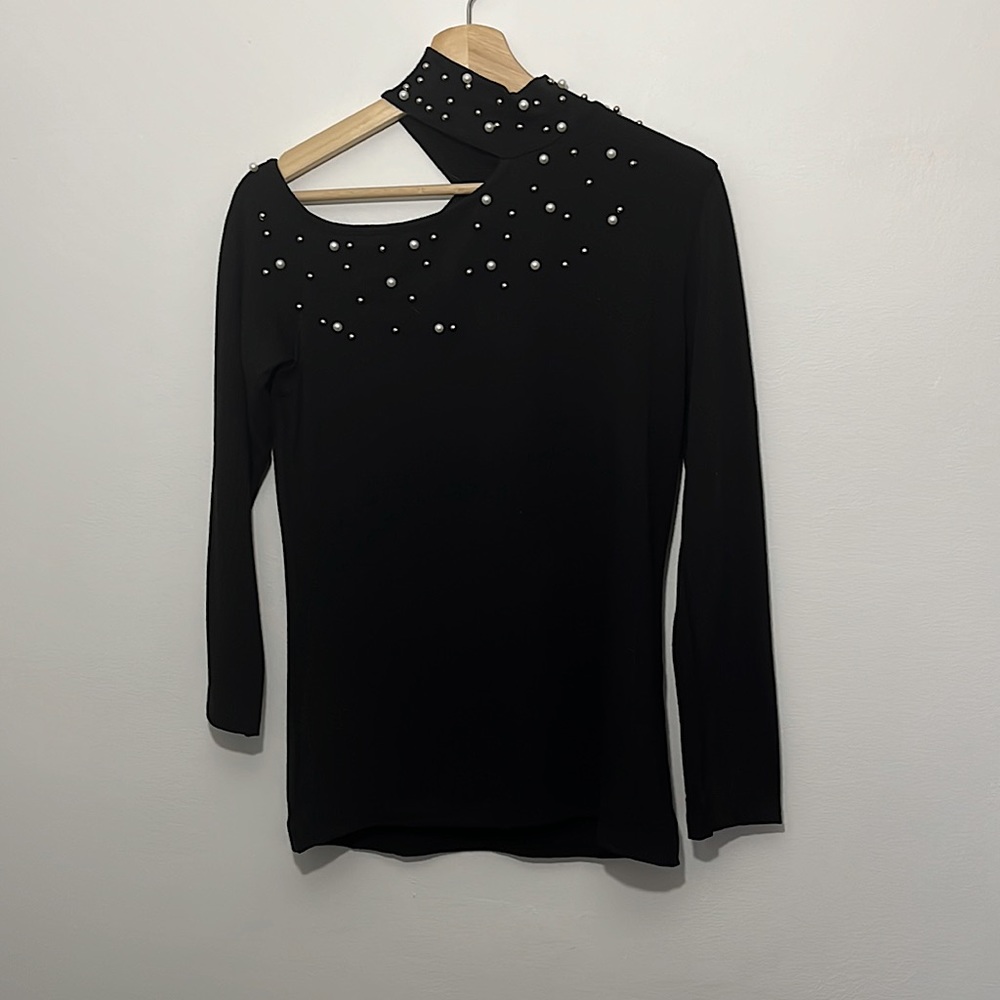 Milan Kiss, Large, Pearl detail with unique neckline, long sleeve sweater.